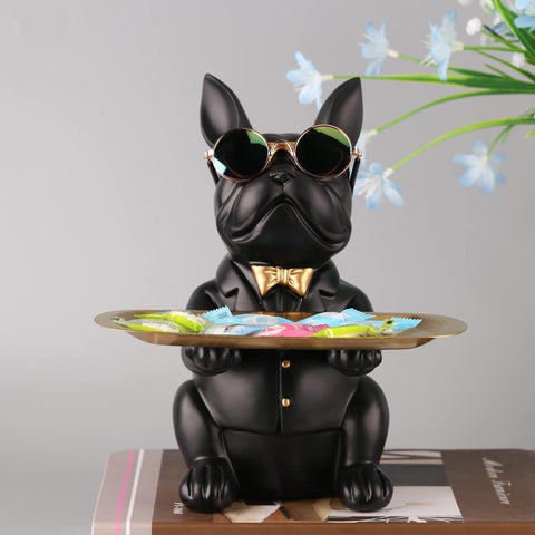 French Bulldog Gifts Key Holder Candy Dish Tray Home Decor Resin Butler Statue Key Bowl Entryway Table Frenchie Dog Sculpture Dining Table Decor Office Small Object Tray (Black)