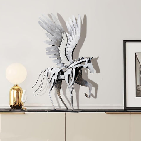 Horse Statue Décor Artwork, 24" H Handmade Metal Pegasus Greek Flying Horse Sculpture, Hand-Painted Animal Figurines for Home Living Room Office (Brown with Wings)