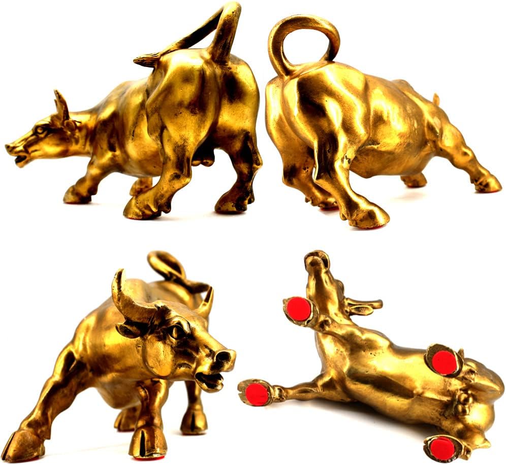 Feng Shui Fortune Brass W Street Bull Statue, Sculpture Home Decoration Golden Copper Bull Represents Good Luck of Career and Wealth