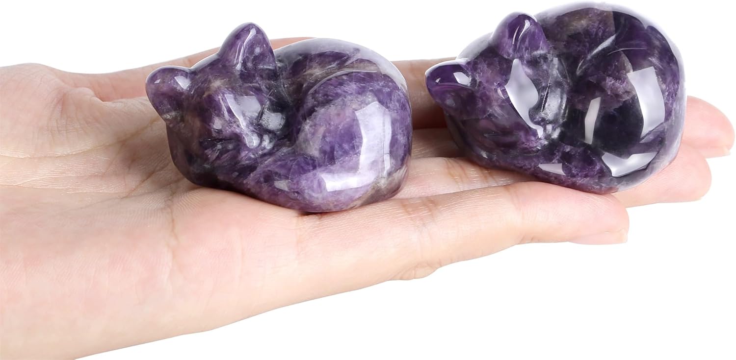 2" Cat Decors Statue Amethyst Crystal Sleeping Cat Decor Hand Carved Cute Cat Figurines Animal Statues Crystal Decor Purple Room Home Office Desk Decor Decorations Cat Gifts for Women