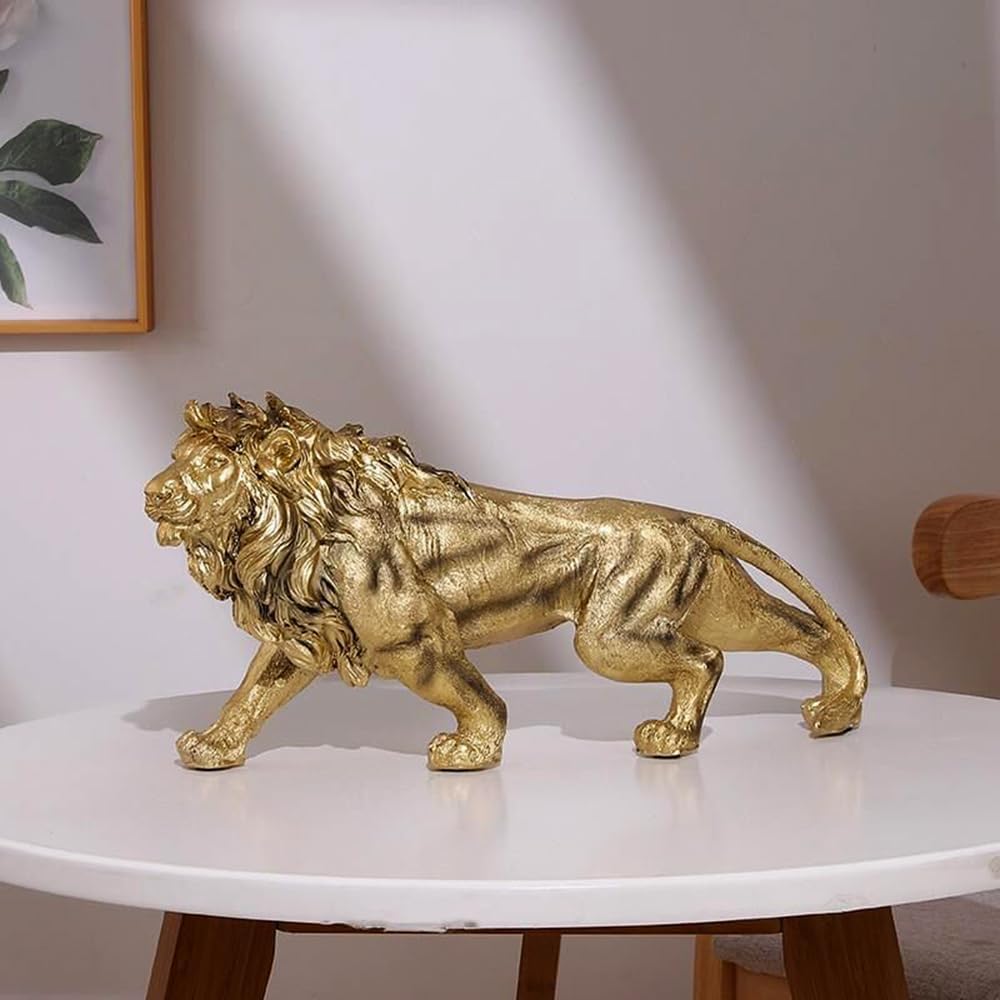 14 Inch Strong Lion Statue Figurine Sculpture Resin Collectible Gifts for Lion Lover Office Home Decor Desk Accessories Decoration Garden Figurines Outdoor Decor Gold