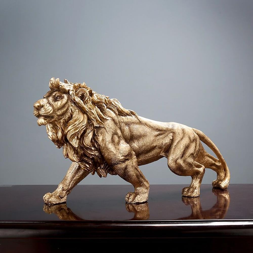 14 Inch Strong Lion Statue Figurine Sculpture Resin Collectible Gifts for Lion Lover Office Home Decor Desk Accessories Decoration Garden Figurines Outdoor Decor Gold