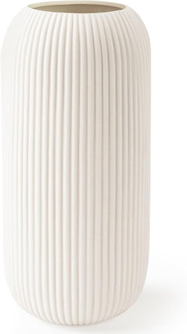 White Ceramic Vase for Flowers, 8 INCH Flower Vase Modern White Vase Home Decor, Small Vase, Ribbed Textured Vase for Pampas Grass Decorative Vase, for Farmhouse Coffee Table Bookshelf Home Living