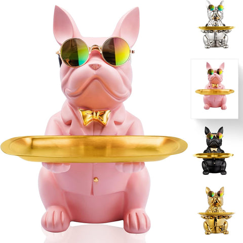 French Bulldog Statue,Resin Bulldog Key Tray for Entryway Decor, Key Holder Organizer for Entryway Table, French Bulldog Gifts Pink