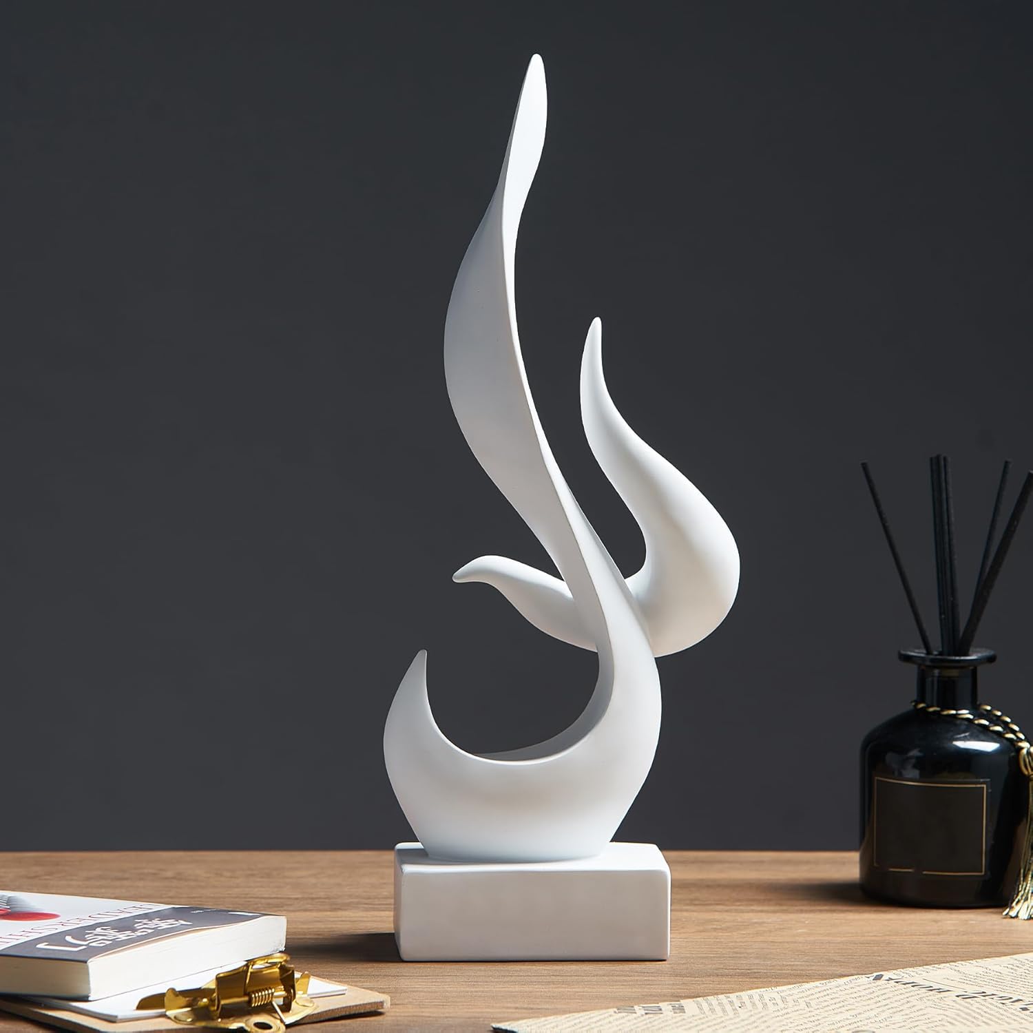 AWNR White Flame Abstract Sculpture Resin Art Statue Modern Home Decor for Living Room TV Stand Office Shelf Accents Minimalist Figurines Centerpiece Table Decorations