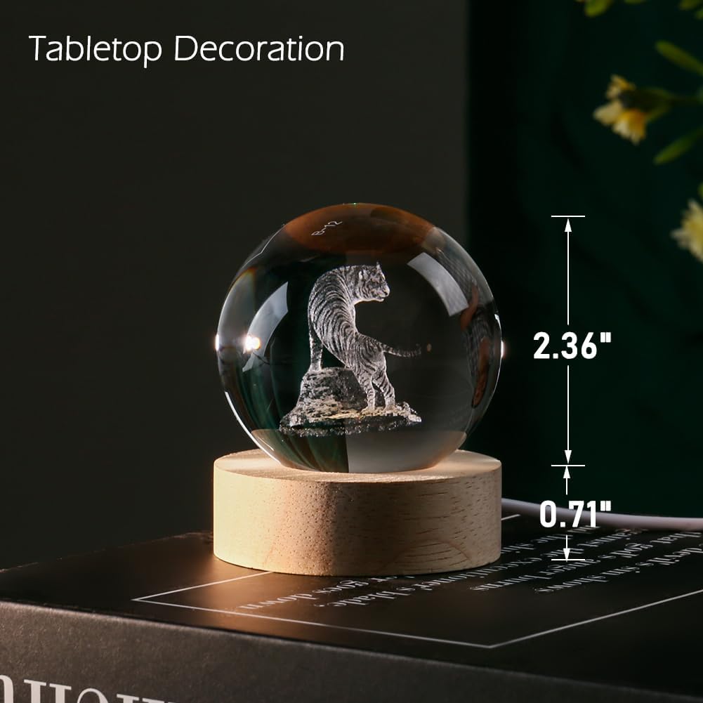 3D Cat Themed Gifts for Women Decor for Cat Lovers Cat Mom Crystal Ball Cat Related Sympathy Presents with Wooden Light Base