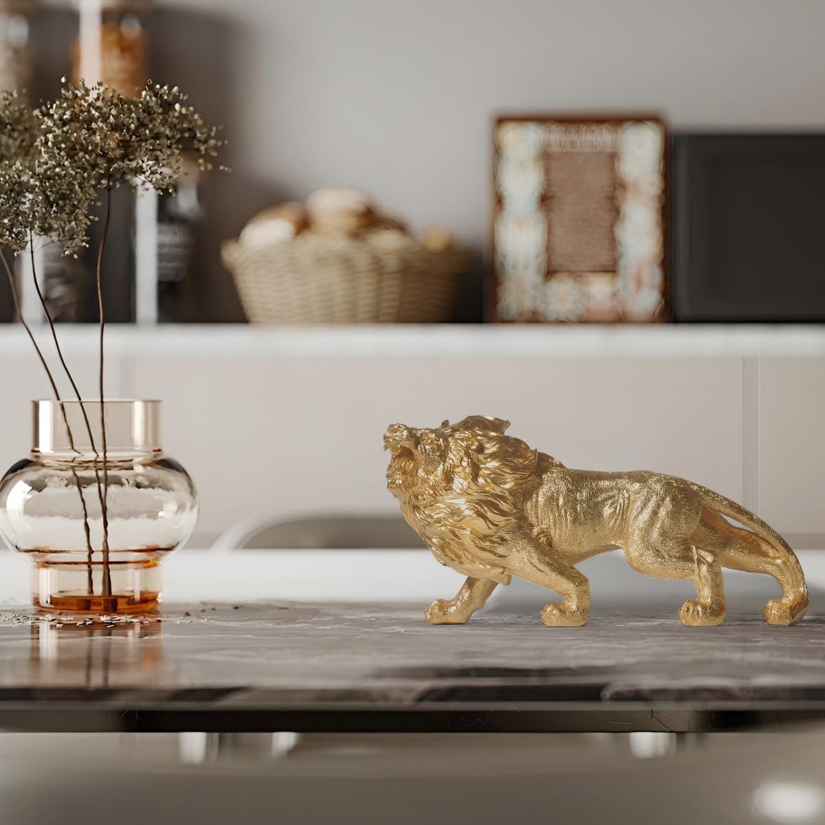 Lion Statue, 11.8 Inch Strong Lion Sculpture, Modern Gold Home Decor, Bookcase Desk Bedroom Family Living Room Centerpiece