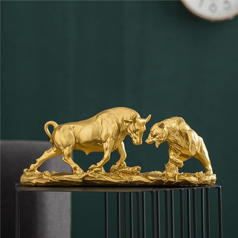 Bull and Bear Statue 15.7" L -Wall Street Bull Statue -Sculptures- Unique Decor for Financial Professionals,Gold