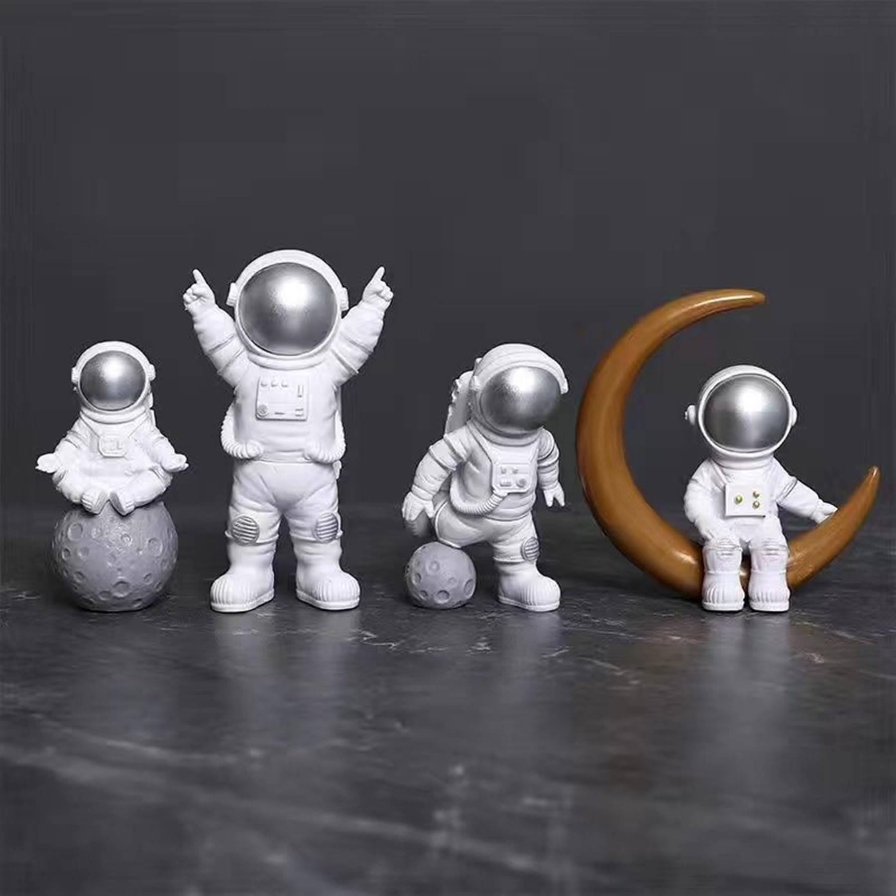 Blue White Astronaut Statues Set of 4, Spaceman Sculpture Figurines Outer Space Theme Decor for Nursery Room Cake Topper