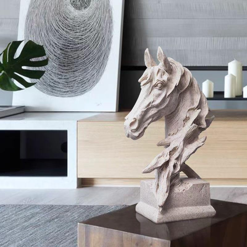 Creative Art Retro Horse Head Ornament,Resin Statue Ornaments,Abstract Style Sculptures,Living Room Dining Desk Decorations,Bookshelf Decorative Objects,Office Decor(11.8"/Sandstone)