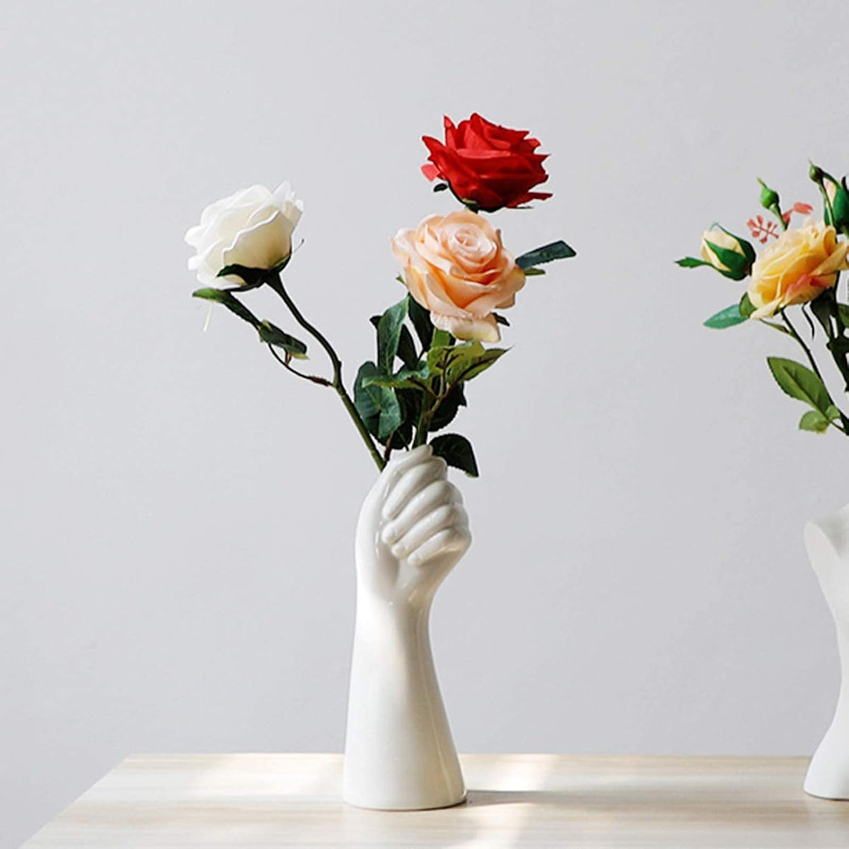 9 Inch Modern Art Ceramic Flower Vase Hand Holding Plants Flower Container, Tabletop White Arm vase for Home Office Decoration