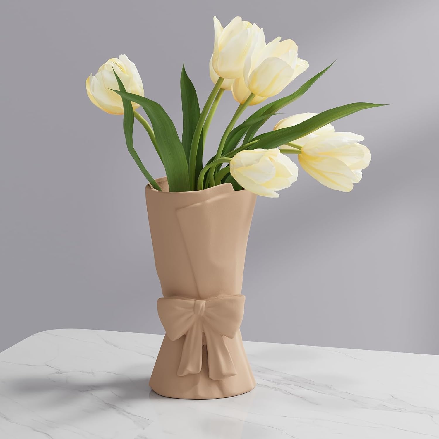 Beige Ceramic Bow Vase 9.64 in Unique Cute Modern Decorative Bouquet Flower Vases for Home Living Room Table Decor Women Girl Gifts