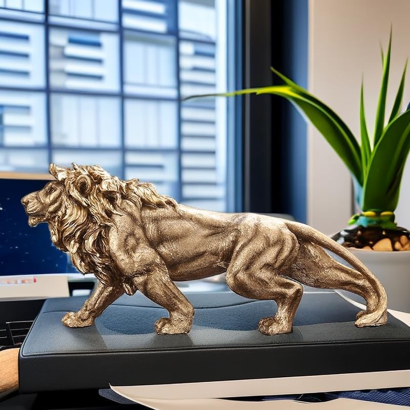 14 Inch Strong Lion Statue Figurine Sculpture Resin Collectible Gifts for Lion Lover Office Home Decor Desk Accessories Decoration Garden Figurines Outdoor Decor Gold