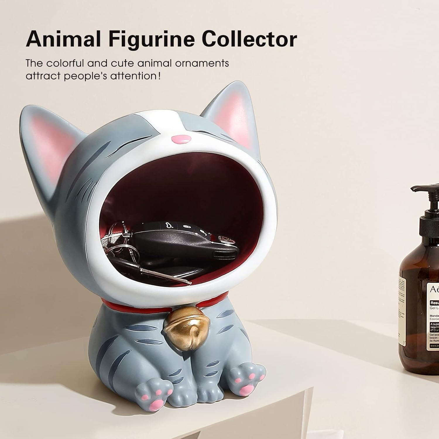 Cute Cat Statue Laughing Cat Figurines for Candy Dish, Key Bowl Holder, Desk of Work, Office Accessories Storage, Home Decor Modern Art Sculpture Fun Gift for Cat Lover, Housewarming Gift (Grey)