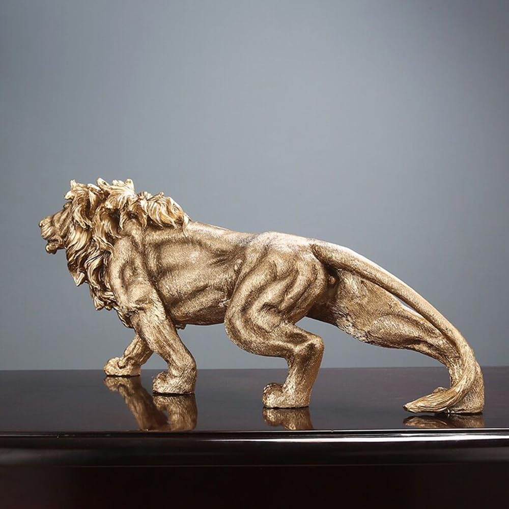 14 Inch Strong Lion Statue Figurine Sculpture Resin Collectible Gifts for Lion Lover Office Home Decor Desk Accessories Decoration Garden Figurines Outdoor Decor Gold