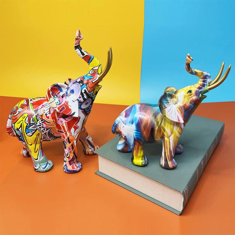 Graffiti Elephant Statue Figurine Colorful Animal Art Sculpture Resin Home Decor Decoration for Living Room Bedroom Book Shelf Cabinet Office Desk Table Top Centerpieces Ornaments (Small)