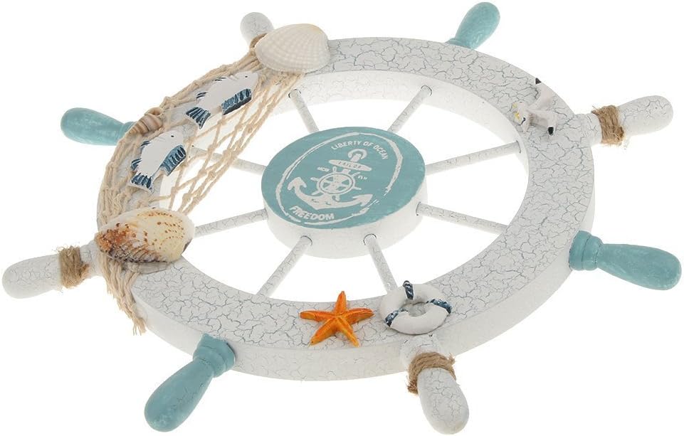 Nautical Beach Wooden Boat Ship Steering Wheel Fishing Net Shell Home Wall Decor White - Fish