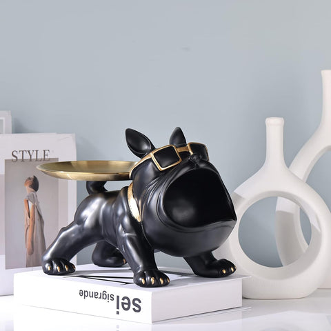 XMGZQ French Bulldog Statue and Figurines,French Bulldog Storage Decoration,Bulldog Bowl with Tray,Key Bowl for Entryway Table,Candy Dish for Office Desk,English Bulldog Tray