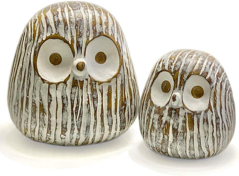 Chubby Night Owl Decor Statue Sculpture, Bookshelf Decor Accents, Boxed Set of 2, Rustic Brown & White, 3⅛ & 4⅓ Inch Decorative Resin Figurines