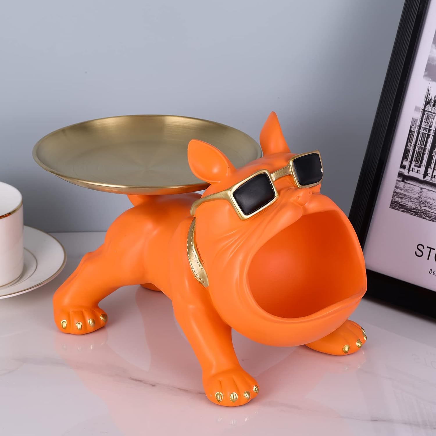 French Bulldog Statue and Figurines,French Bulldog Storage Decoration,Bulldog Bowl with Tray,Key Bowl for Entryway Table,Candy Dish for Office Desk,English Bulldog Tray