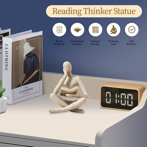 Bookshelf Decor Thinker Statue - Abstract Art Reading Thinker Sculpture Figurine Aesthetic, Modern Home Decoration for Living Room Office Shelves Coffee Table Desk Decor(Beige)