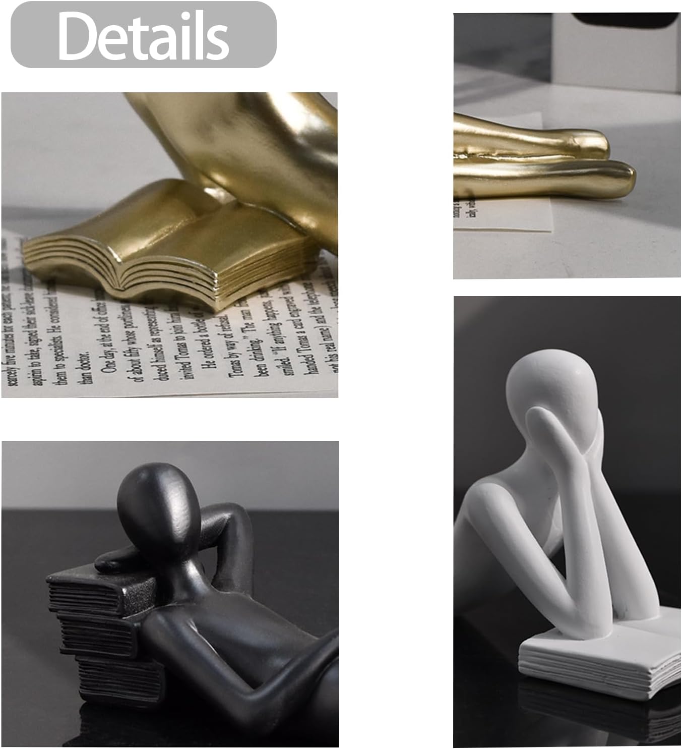 Gold Reading Women Statue, Thinker Sculptures, Modern Aesthetic Figurine Decoration, Abstract Thinker Statue, Bookshelf Decor Accents (C)