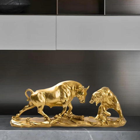 Bull and Bear Statue 15.7" L -Wall Street Bull Statue -Sculptures- Unique Decor for Financial Professionals,Gold