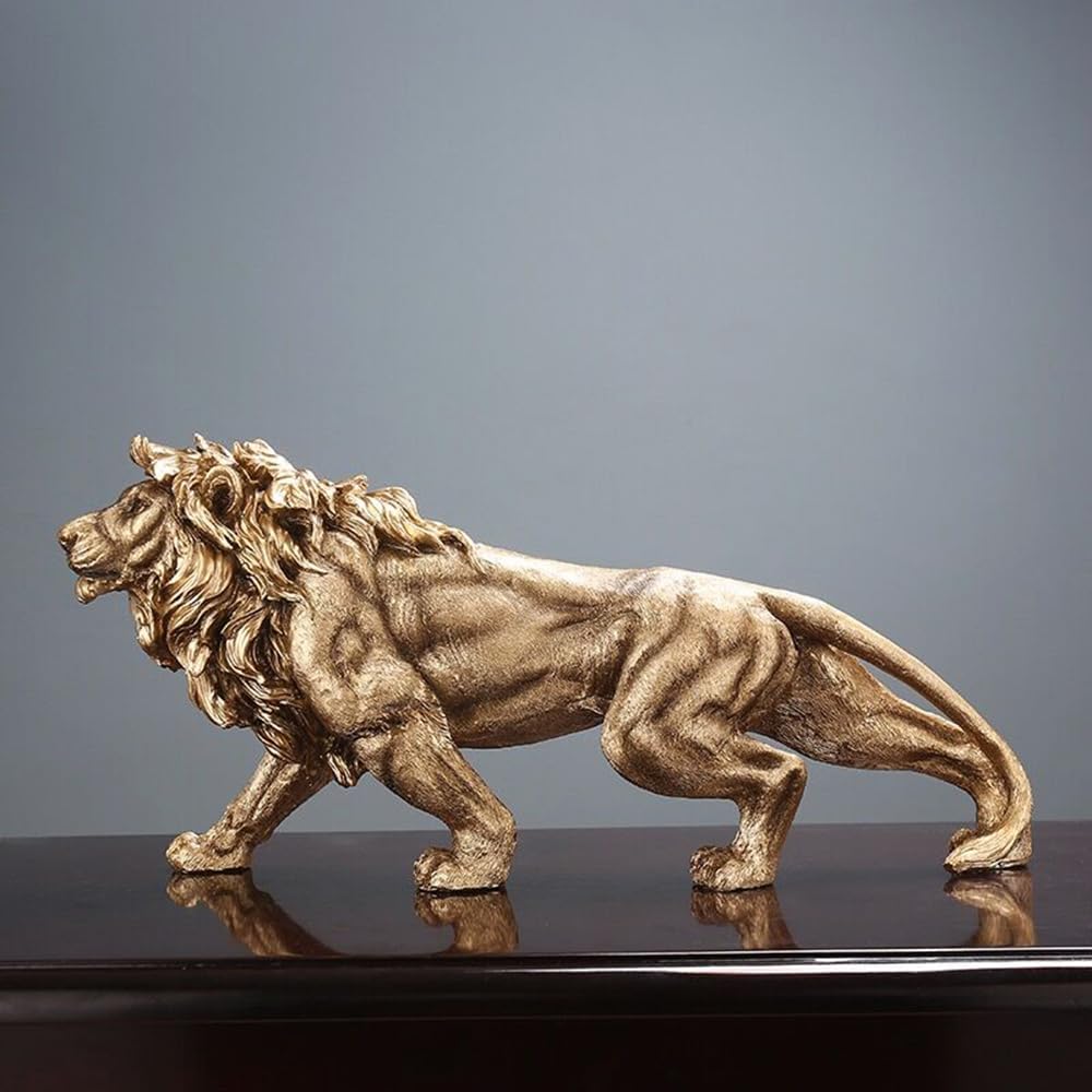 14 Inch Strong Lion Statue Figurine Sculpture Resin Collectible Gifts for Lion Lover Office Home Decor Desk Accessories Decoration Garden Figurines Outdoor Decor Gold