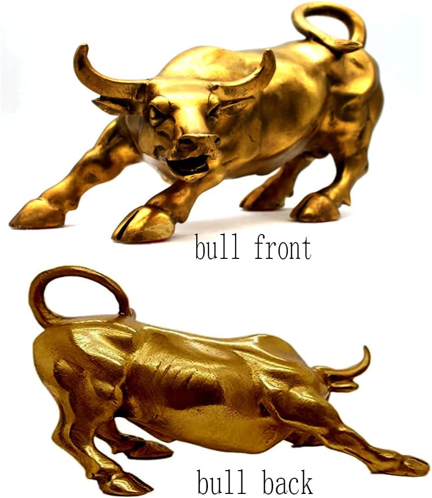 Feng Shui Fortune Brass W Street Bull Statue, Sculpture Home Decoration Golden Copper Bull Represents Good Luck of Career and Wealth