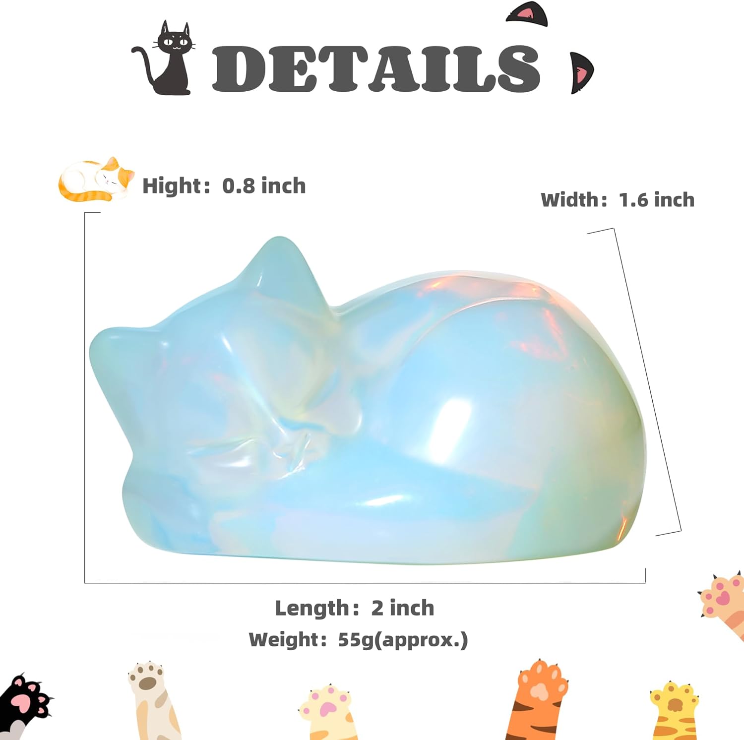 2" Cat Decors Statue Opal Moonstones Crystals Sleeping Cats Gemstone Hand-Carved Cute Animal Statues Figurines Home Office Desk Decor Lucky Energy Reiki Kitten Ornaments Gifts for Women Men