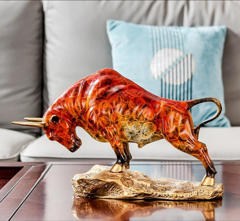 Bronze Bull Sculpture - Pure Copper Charging Bull/Cow/Ox Figure and Statue Handmand Collectable Art Decor - Raging Bull Figurine for Office& Home Decorations and Gift (L:8.3in Red)