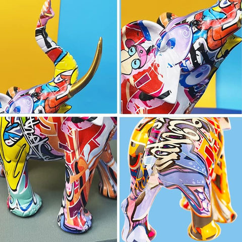 Graffiti Elephant Statue Figurine Colorful Animal Art Sculpture Resin Home Decor Decoration for Living Room Bedroom Book Shelf Cabinet Office Desk Table Top Centerpieces Ornaments (Small)