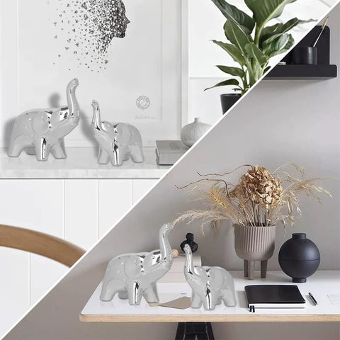 A Pair Elephant Statue Home Decor,Modern Style Figurines,Sculpture for Office Desktop Bookshelf Living Room (Ceramics Silver)