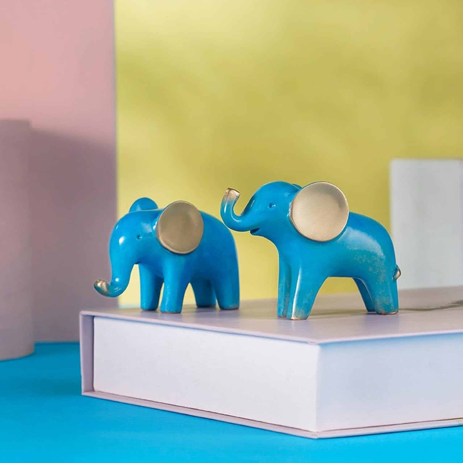 Blue Brass Cute 1 Pair of Couple Elephant Statue Miniatures Figurines Entrance Desk Ornaments,Copper Animal Elephant Home Decor Crafts Living Room Decorations Gifts