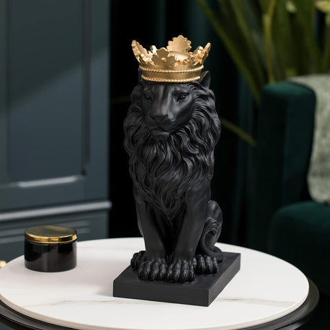 Lion Statue - Outdoor Collectible Figurine, 15 Inch Gold Crown Black Standing Lion Home Decor for Desk & Home Black Decor Gift