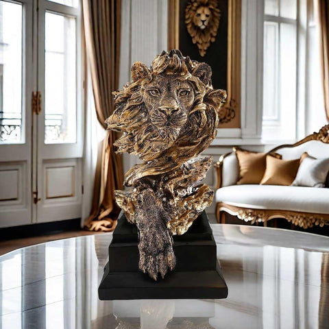 CUZOKOLA Large Modern King of Royal Lion Statue Golden Lion Head Collectible Figurine Decoration for Home Office Decor for Men Bookshelf Room Accessories Best Manly Lion King Gifts for Men 12.68" H