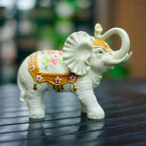 Ceramic Collectible Figurines Statue，3D Hand-Painted Lily Bamboo Elephant with Trunk Raised Statue Decoration (Medium)