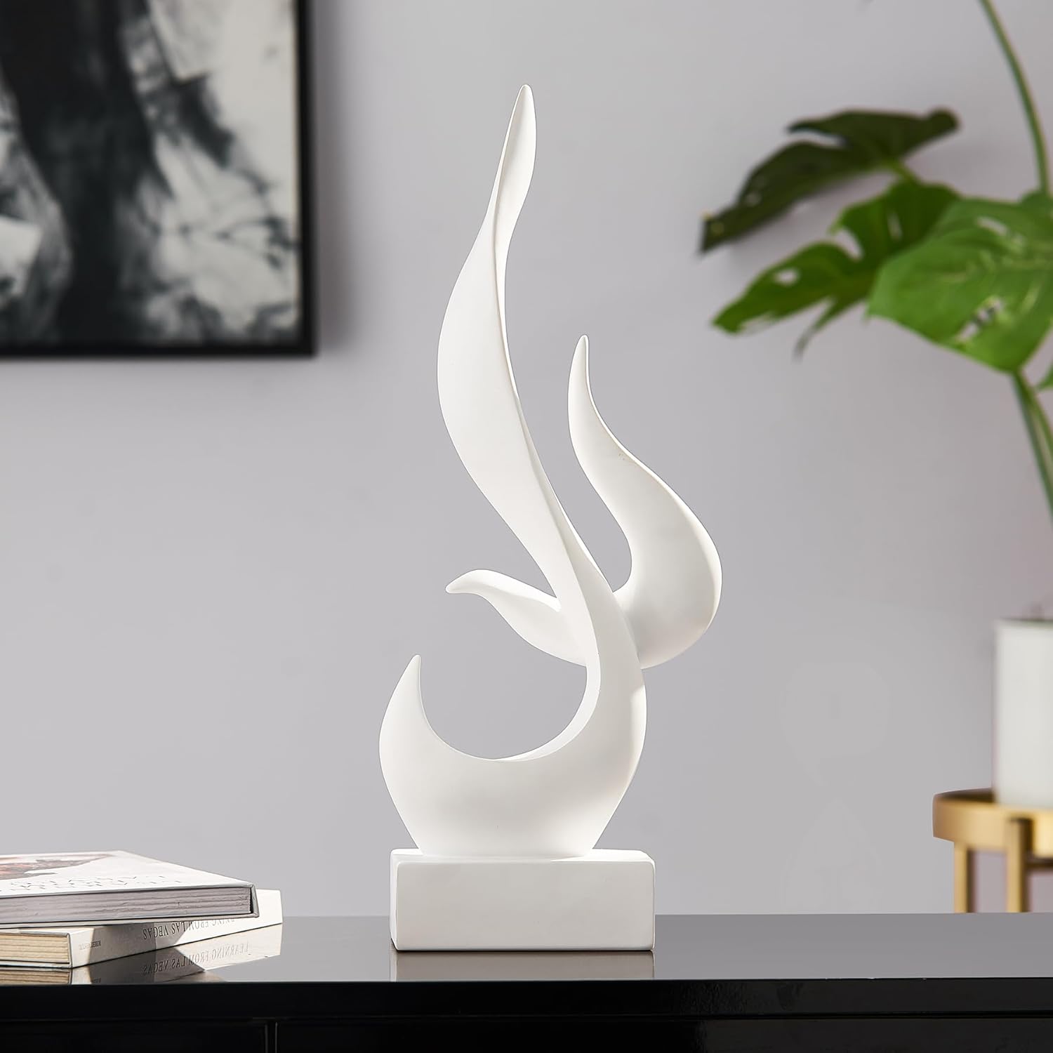 AWNR White Flame Abstract Sculpture Resin Art Statue Modern Home Decor for Living Room TV Stand Office Shelf Accents Minimalist Figurines Centerpiece Table Decorations