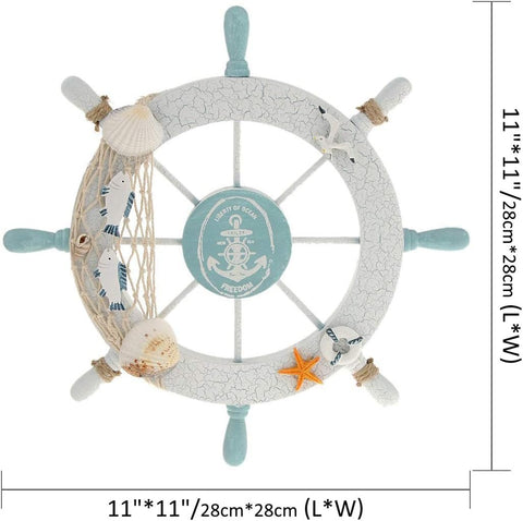 Nautical Beach Wooden Boat Ship Steering Wheel Fishing Net Shell Home Wall Decor White - Fish