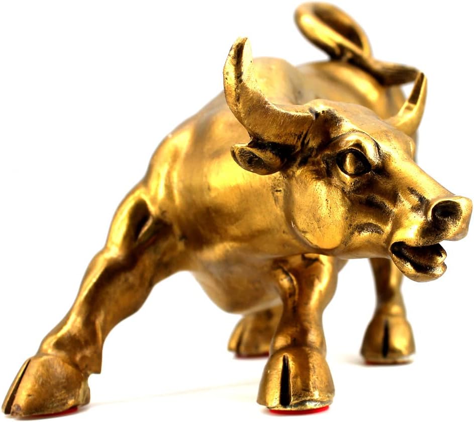 Feng Shui Fortune Brass W Street Bull Statue, Sculpture Home Decoration Golden Copper Bull Represents Good Luck of Career and Wealth