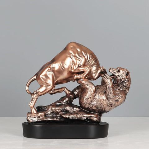 Wall Street Bull and Bear Statue Bronze Patina Resin Stock Market Charging Sculpture Home Office Decor