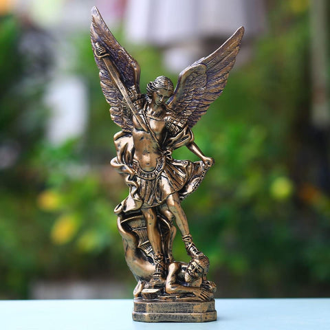 QIANLING 12.5in San Miguel Arcangel Statue, St Michael Statue in Bronzed Resin, St Michael The Archangel victoriously Over Satan Collection Figurines for Collection or Decor