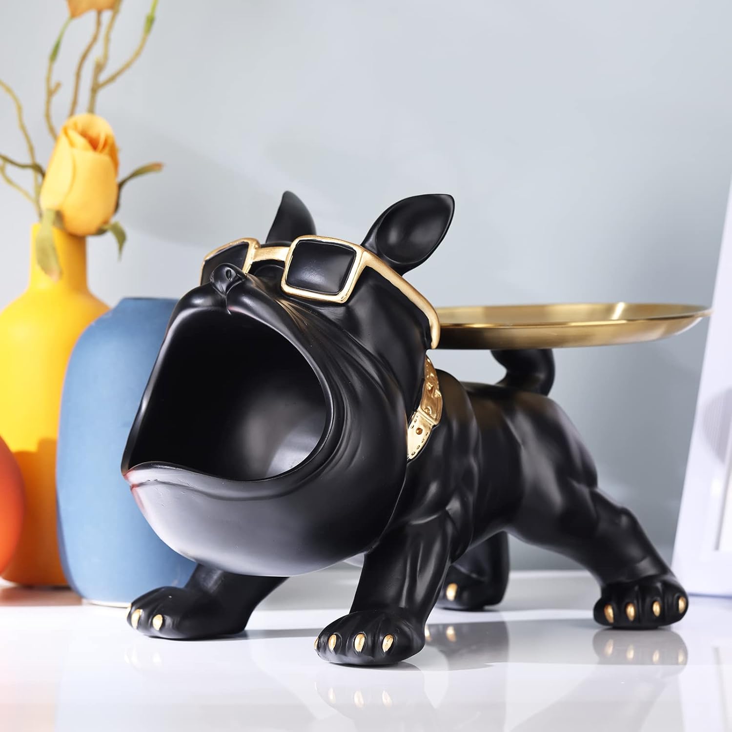 French Bulldog Statue and Figurines,French Bulldog Storage Decoration,Bulldog Bowl with Tray,Key Bowl for Entryway Table,Candy Dish for Office Desk,English Bulldog Tray