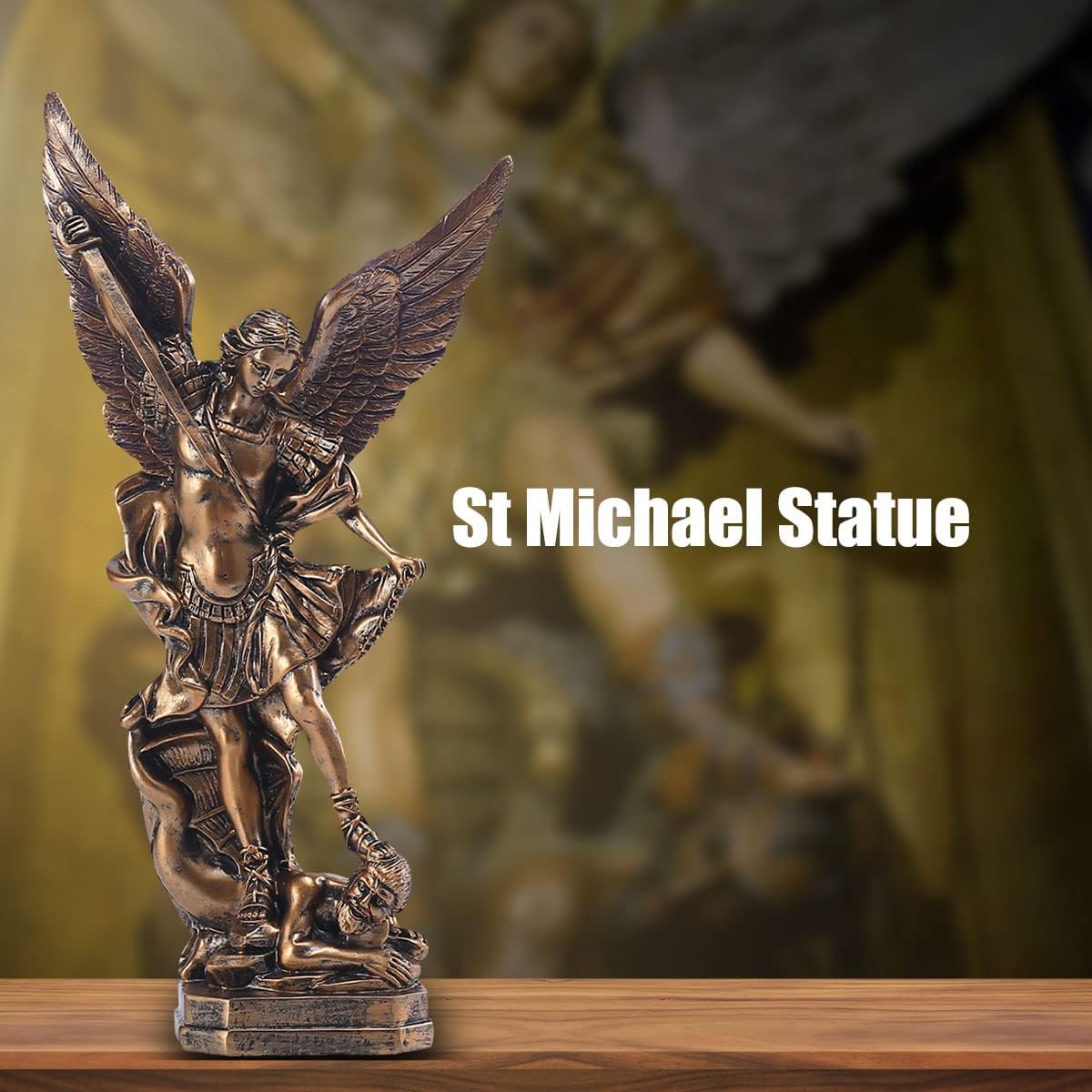 QIANLING 12.5in San Miguel Arcangel Statue, St Michael Statue in Bronzed Resin, St Michael The Archangel victoriously Over Satan Collection Figurines for Collection or Decor