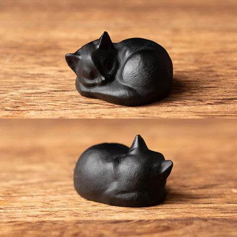 Tiny Sleeping Cat Statue Hand-Carved Healing Stone Gemstone Little Kitten Statue Figurine 2" - Black Obsidian