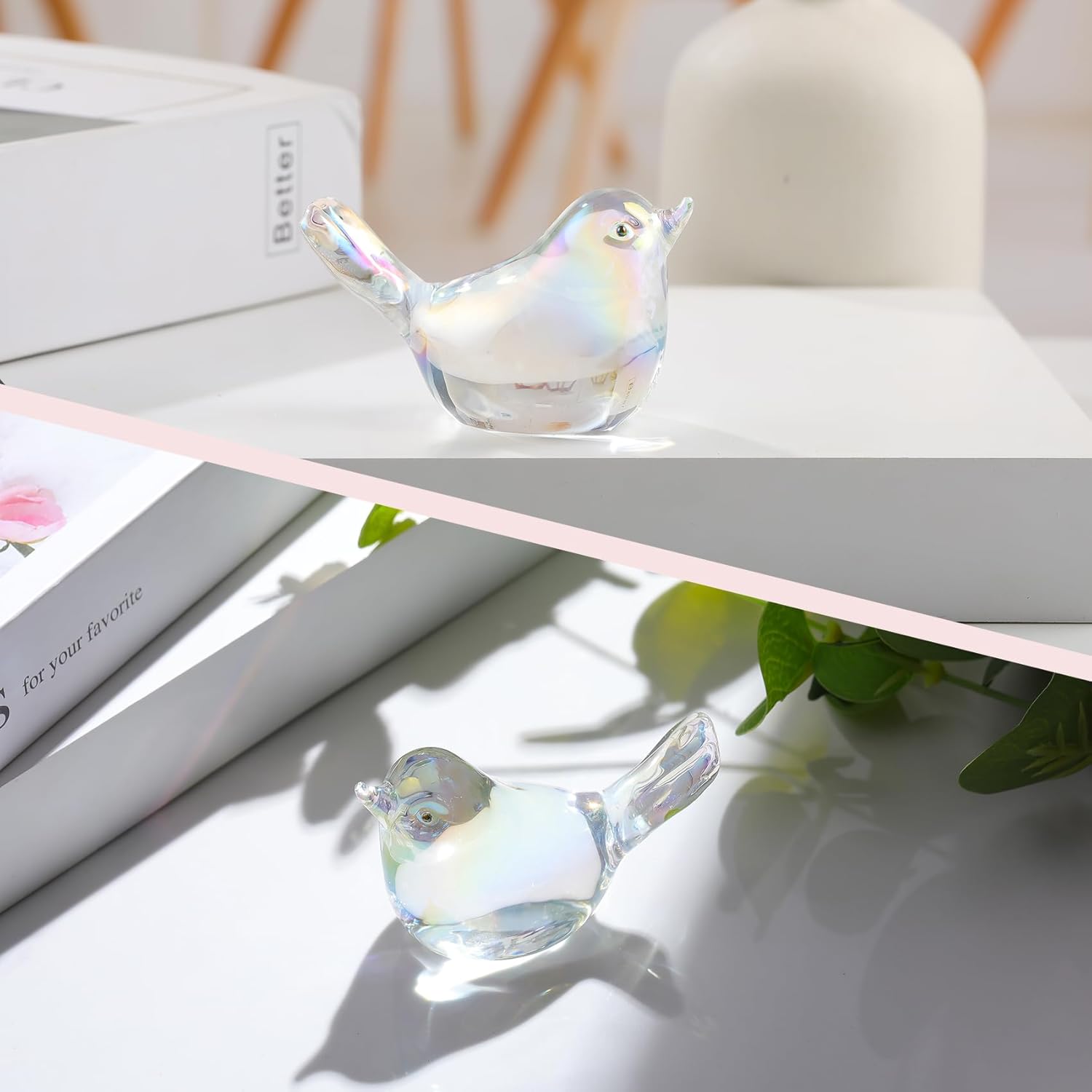 Handmade Glass Pink Bird Gifts for Bird Lovers Women Men, Art Glass Birds Collectible Figurines for Desk Table Home Office Decoration