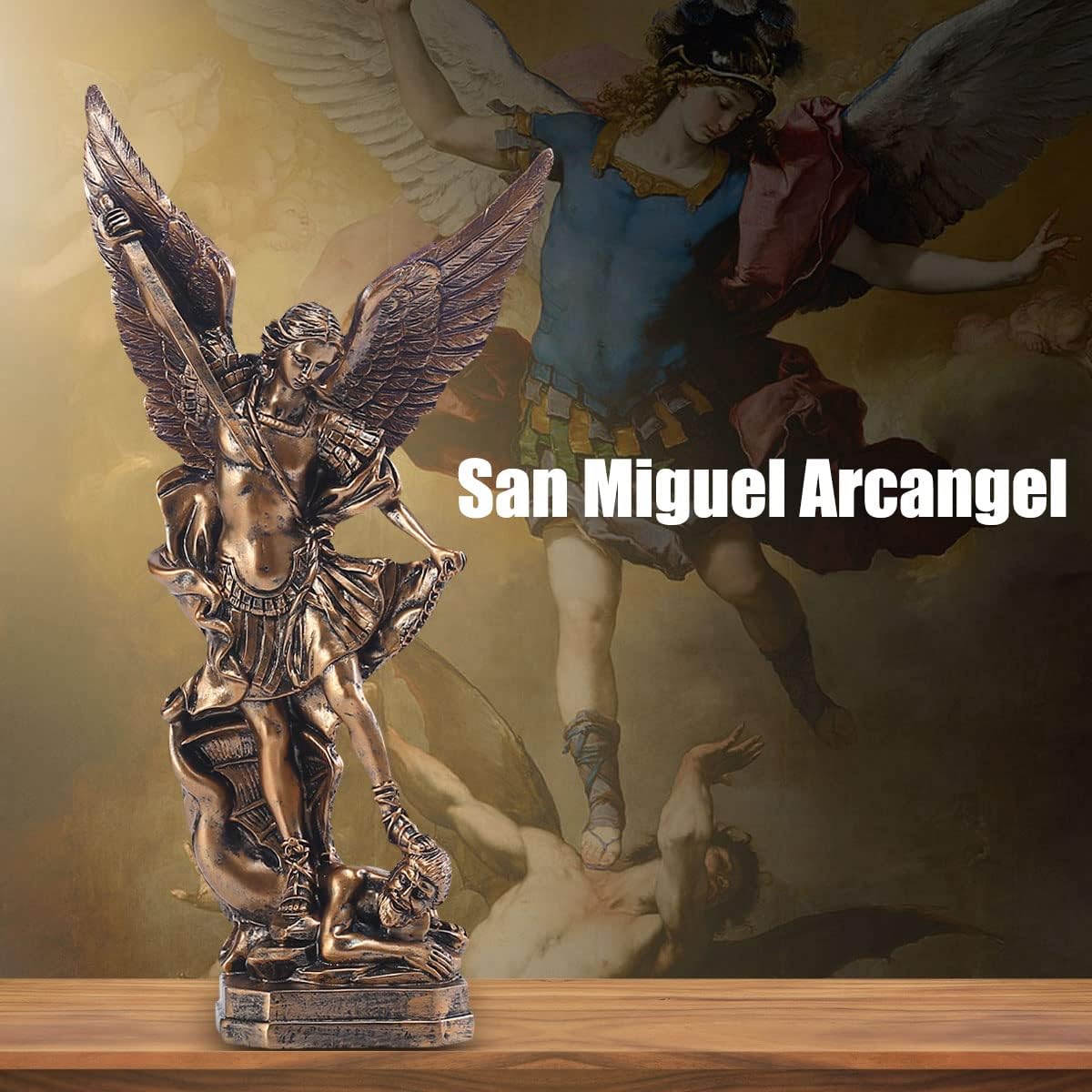 QIANLING 12.5in San Miguel Arcangel Statue, St Michael Statue in Bronzed Resin, St Michael The Archangel victoriously Over Satan Collection Figurines for Collection or Decor