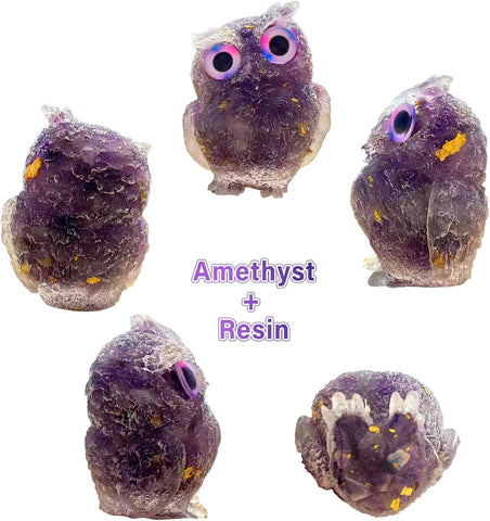 2.5 inch 2PCS Cute Owl Statue Natural Healing Crystal Resin Figurine for Desk, Amethyst Rose Quartz Reiki Spiritual Energy Gemstone Sculpture for Home Office Room Decor Gifts for Women Men