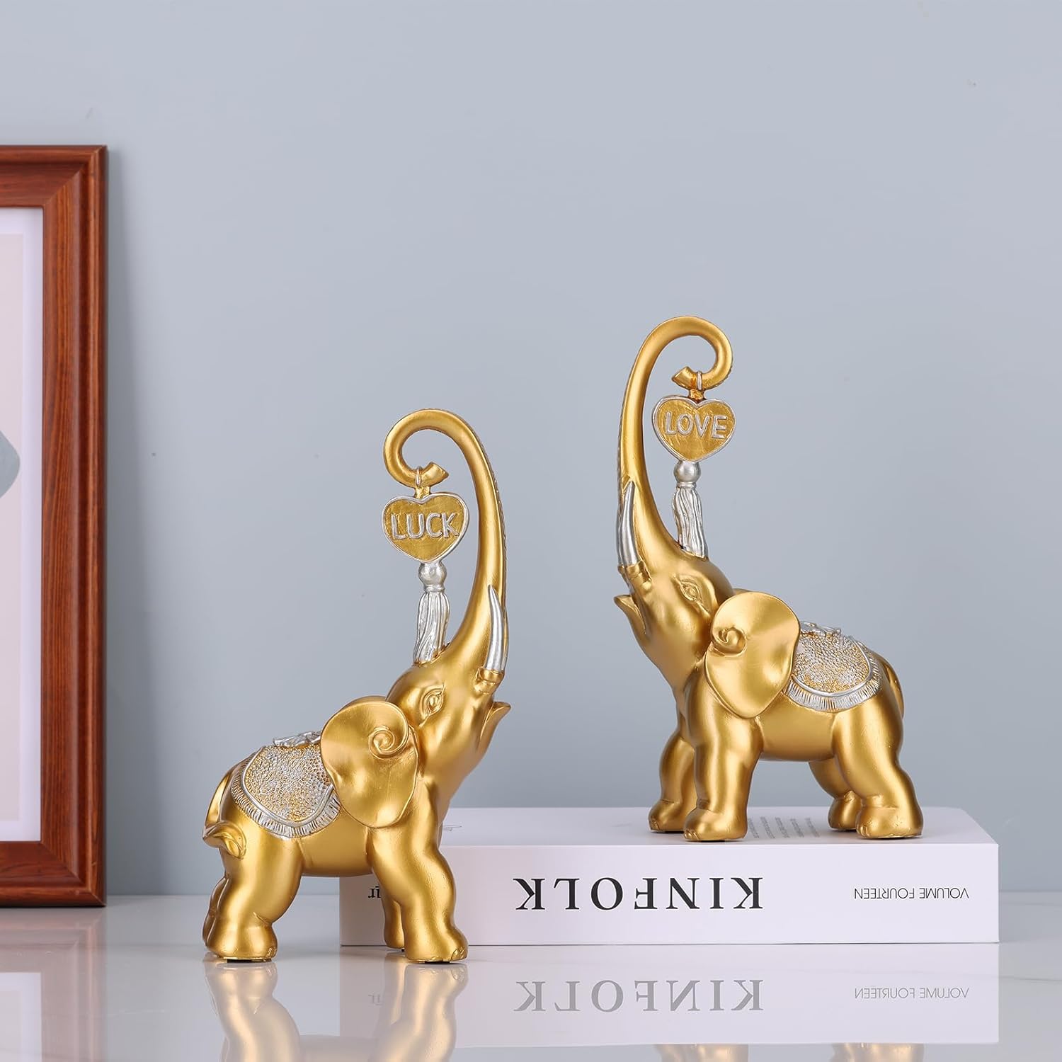 Bronze Elephant Statue 2 Piece Set, Love Elephant Sculpture, Lucky Elephant Decoration for Home Decor Statues, Home Decor Elephants, Office Decor, Console and Shelf Decor Aesthetics.