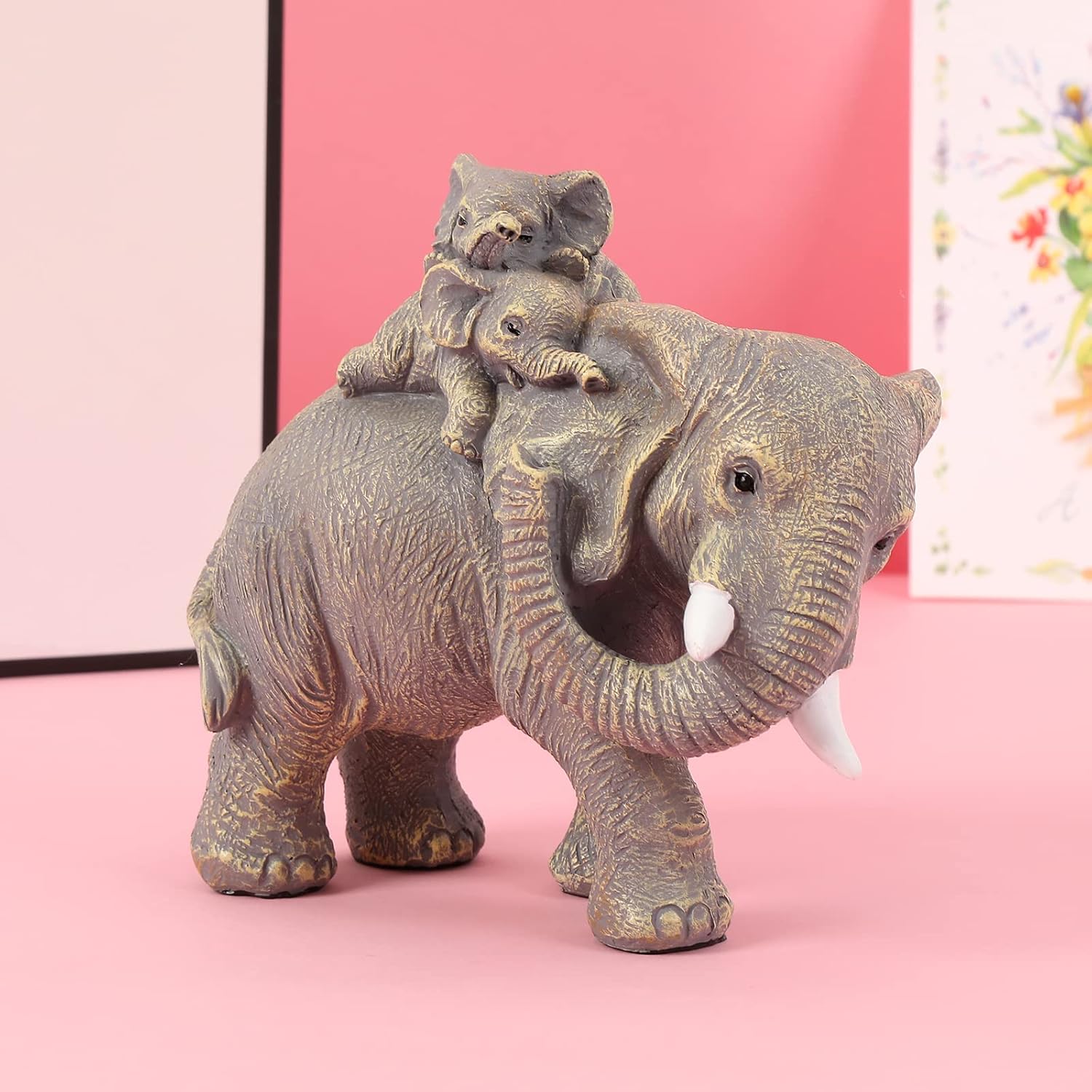 Good Luck Elephant Figurines Home Décor Elephant Carries Two Calves on Its Back Statue Décor for Shelf Good Gifts for Women Decoration for Living Room, Bedroom, Office